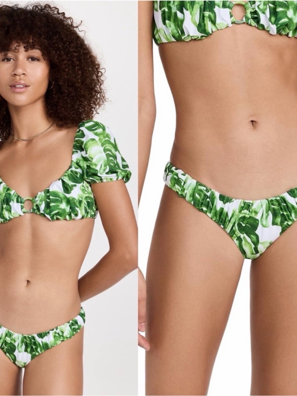 Caroline Constas Green Leaf Print Ruffle Bikini Top - S Bottom - XS